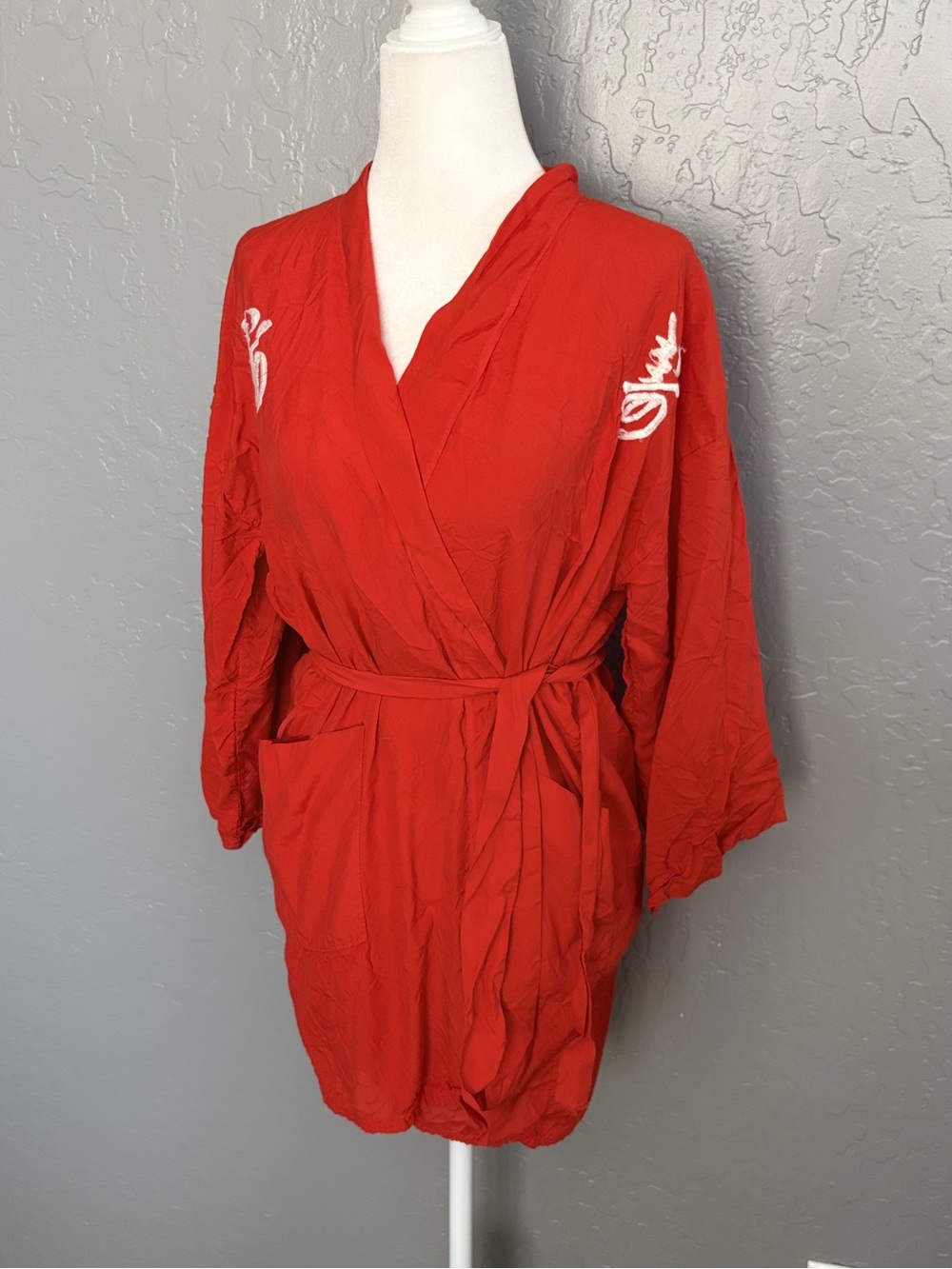 Red Women's Wrap Robe with Embroidery